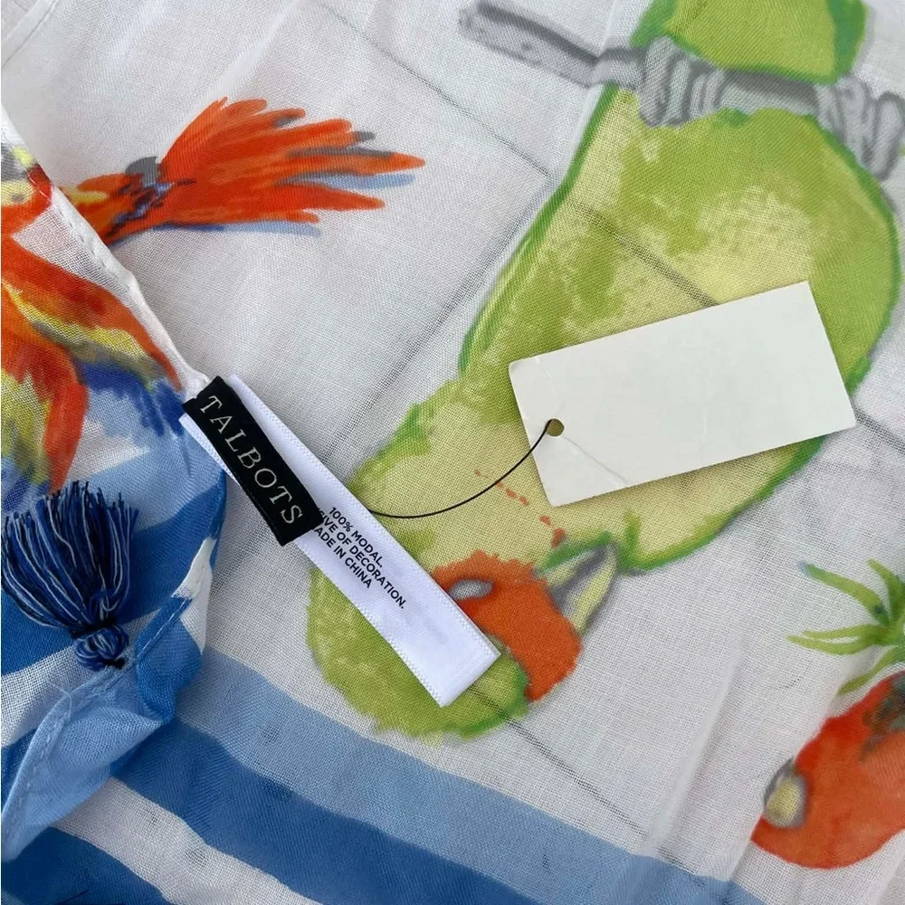Talbots Vibrant Bird Print Scarf with Blue Accents